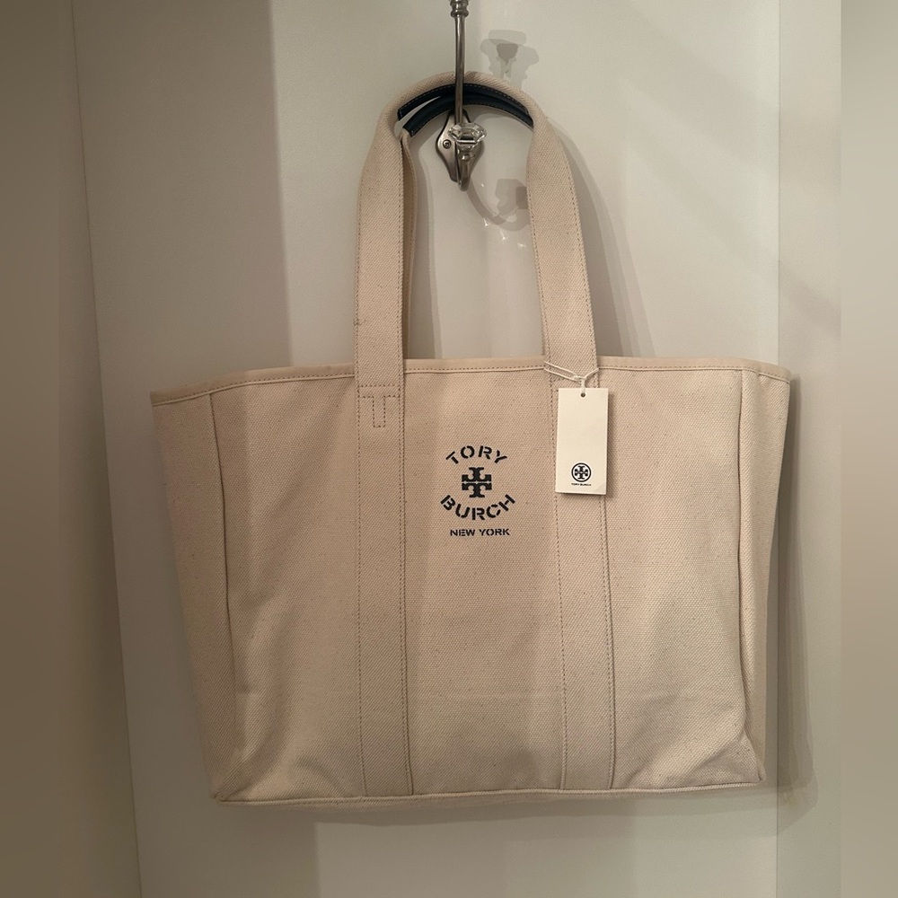 NWT Large Tory Burch Cream Canvas Tote with Navy Logo